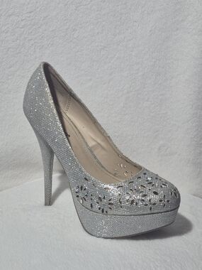 BAMBOO Silver Glitter Platform Pump with Cutout Floral Accents